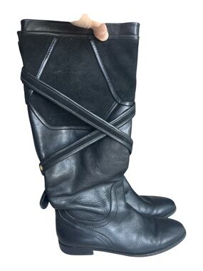 Massimo Dutti Classic Black Leather Knee-High Boots - Women Size 38 Gold Buckle